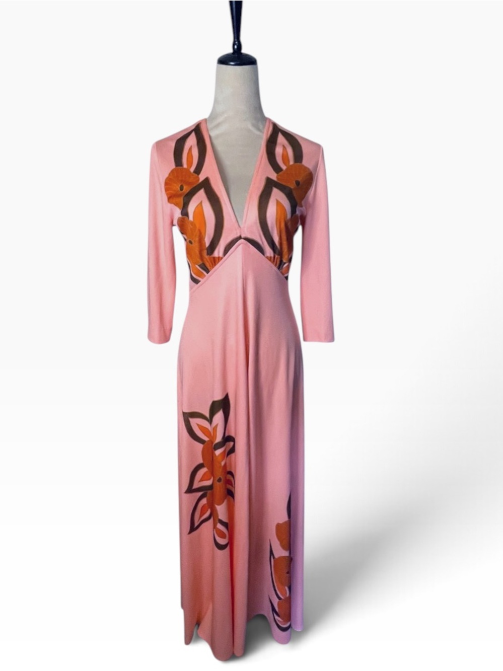 Vintage 1970s Victor Costa Ltd. Peach & Orange Floral Maxi Dress